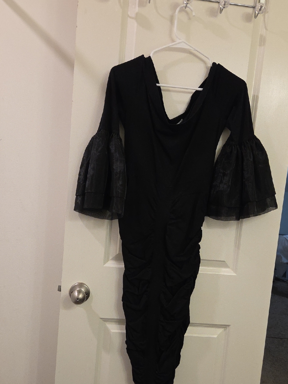 Black Bell-Sleeve Ruched Women’s Dress
